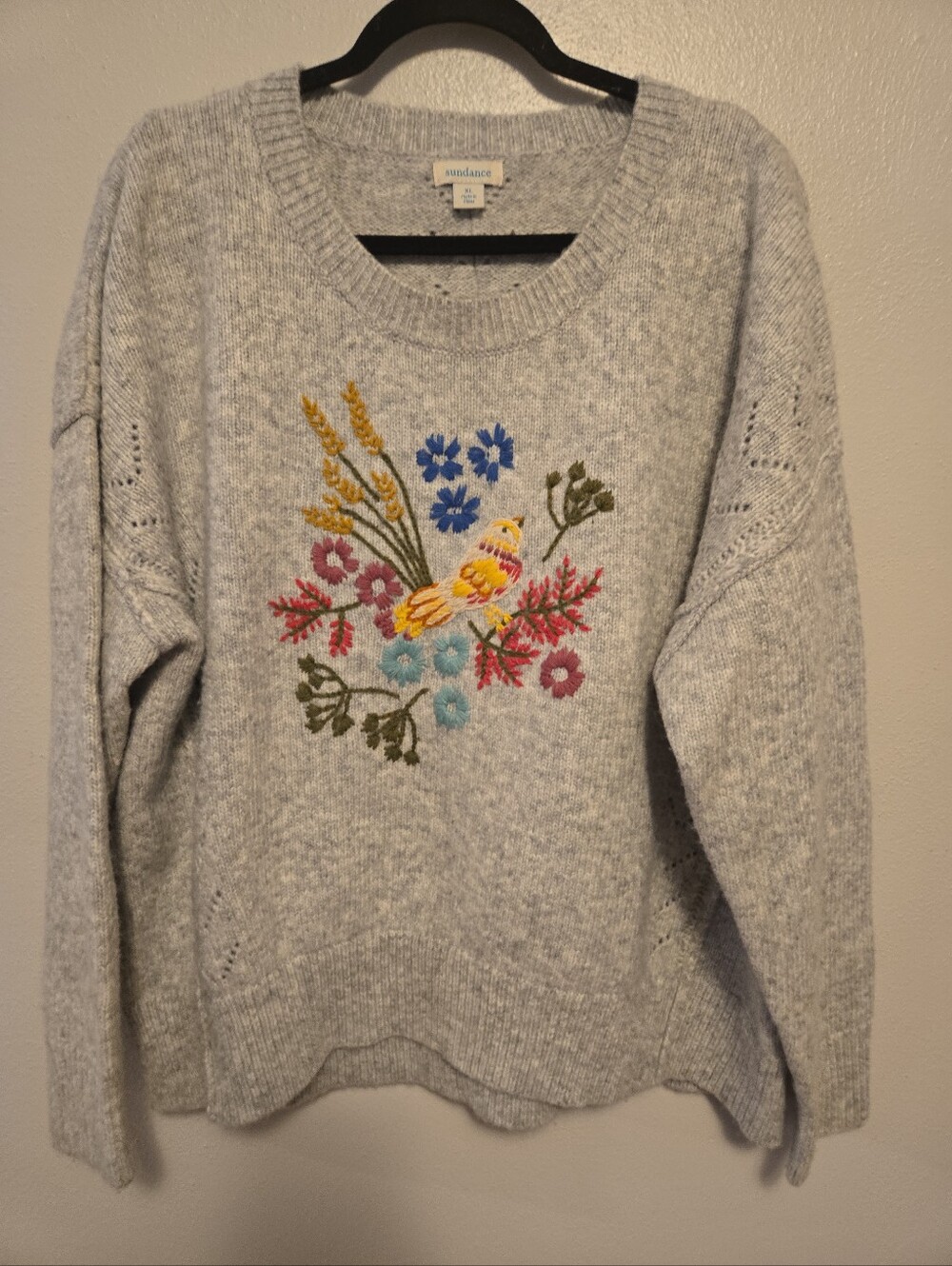 Sundance Embroidered Knit Sweater Gray Bird Floral XL